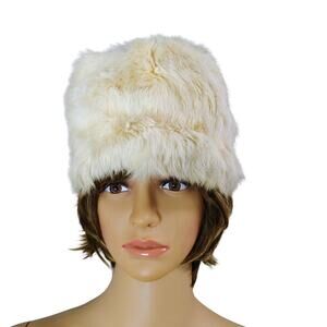 1950s Cream Real Rabbit Fur Tall Pillbox Cossack Russian Winter Hat